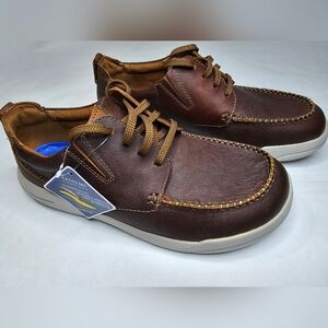 NWT Clarks Mens Driftway Low Boat Shoe- Dark Tan Leather- Size 11.5 W